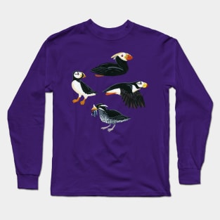 Gouache Purple Puffins Long Sleeve T-Shirt